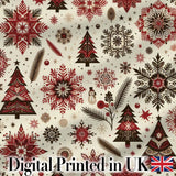 Vintage Red Black Snowflakes and Christmas Trees Seamless Pattern Digital Print Fabric by the Metre UK Sewing Quilting Textile