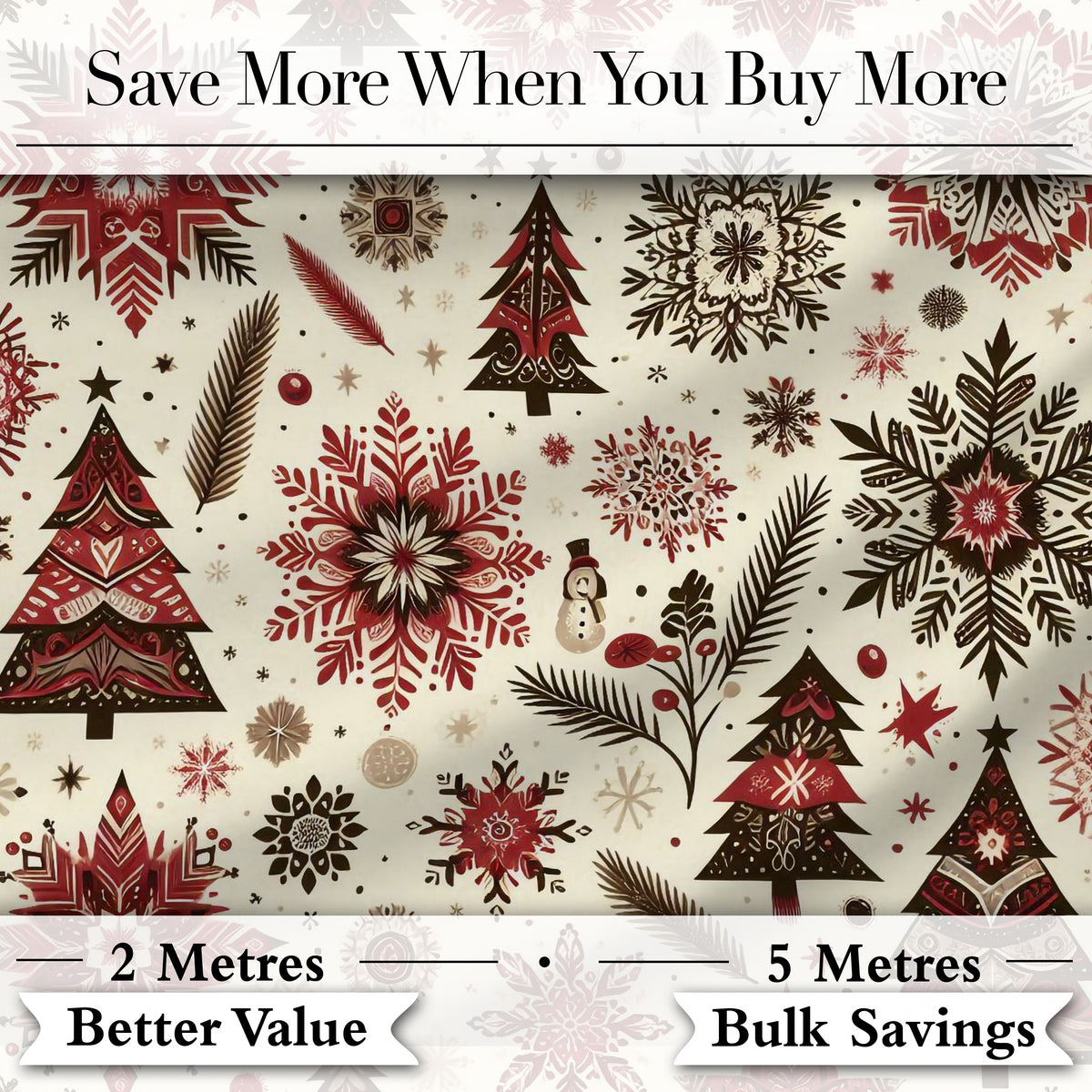 Vintage Red Black Snowflakes and Christmas Trees Seamless Pattern Digital Print Fabric by the Metre UK Sewing Quilting Textile