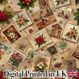 Vintage Christmas Postcards Floral Letters Collage Seamless Pattern Digital Print Fabric by the Metre UK Sewing Quilting Textile
