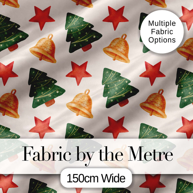 Watercolor Christmas Bells Stars and Trees Seamless Pattern Digital Print Fabric by the Metre UK Sewing Quilting Textile