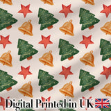 Watercolor Christmas Bells Stars and Trees Seamless Pattern Digital Print Fabric by the Metre UK Sewing Quilting Textile
