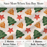 Watercolor Christmas Bells Stars and Trees Seamless Pattern Digital Print Fabric by the Metre UK Sewing Quilting Textile