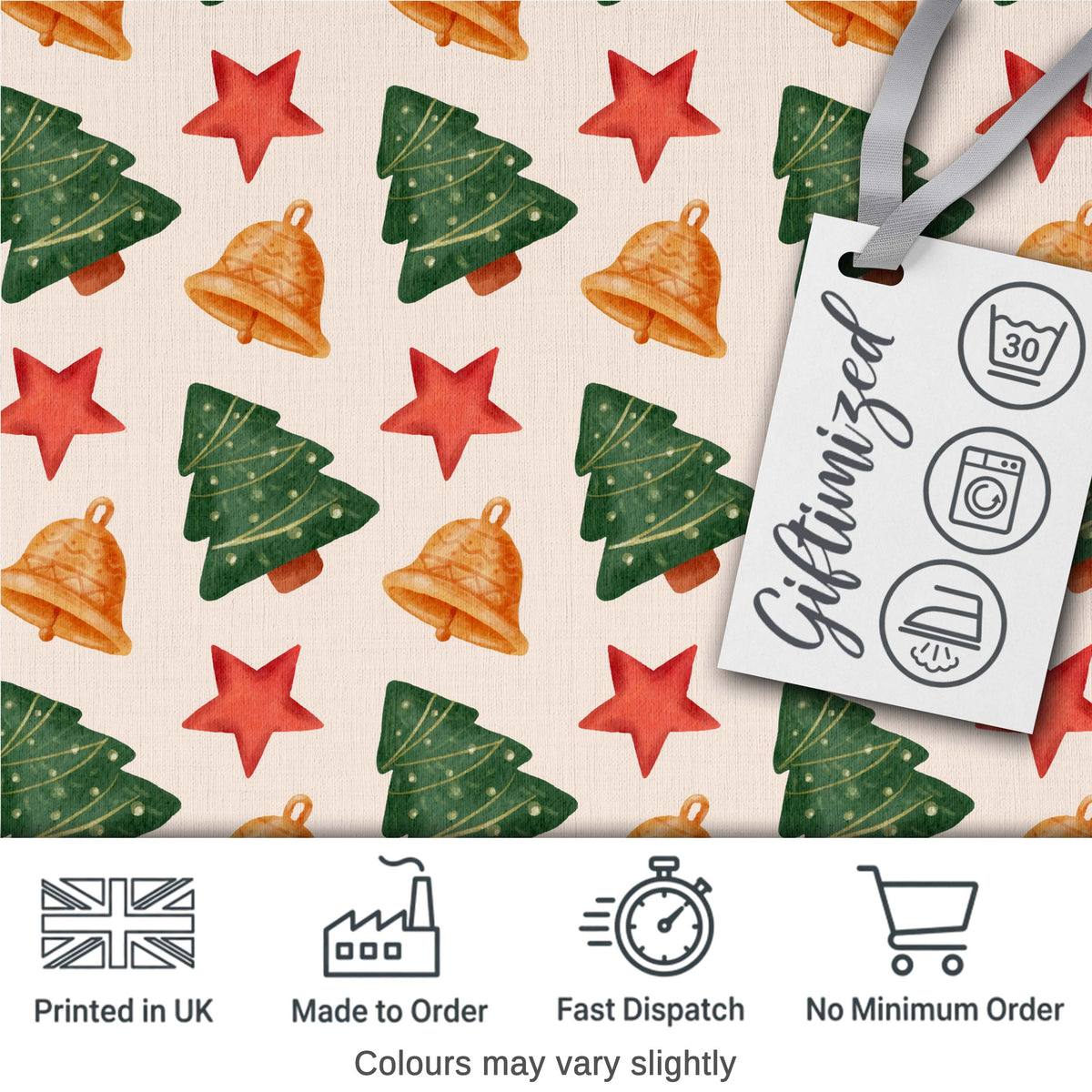 Watercolor Christmas Bells Stars and Trees Seamless Pattern Digital Print Fabric by the Metre UK Sewing Quilting Textile