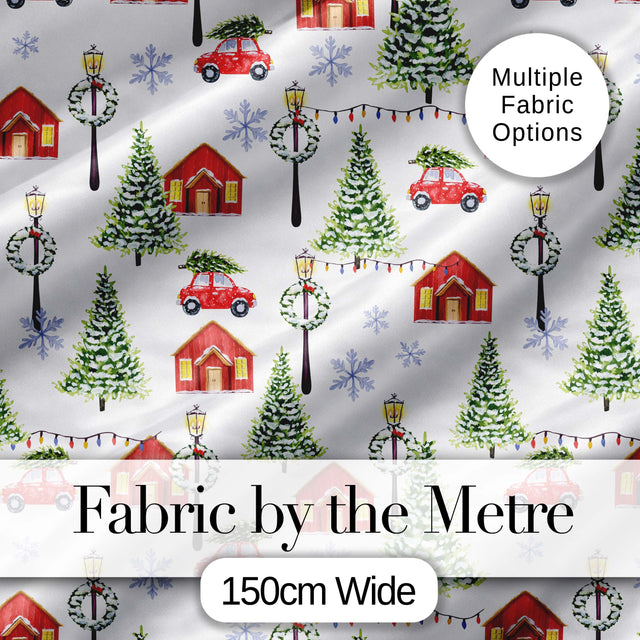 Watercolor Winter Village Houses Trees Cars Snow Seamless Pattern Digital Print Fabric by the Metre UK Sewing Quilting Textile