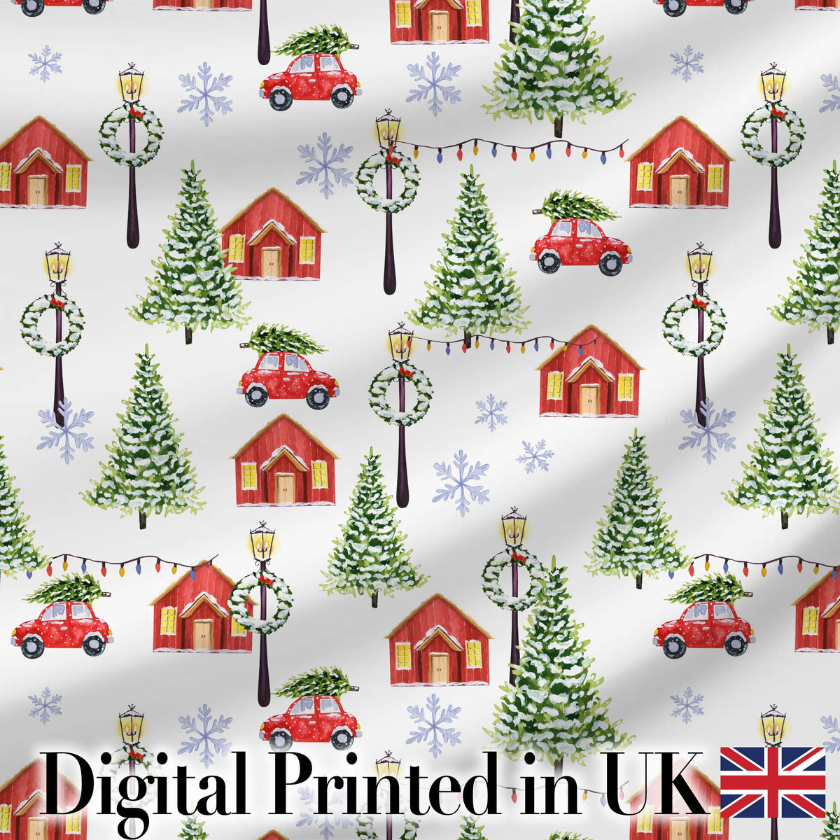 Watercolor Winter Village Houses Trees Cars Snow Seamless Pattern Digital Print Fabric by the Metre UK Sewing Quilting Textile