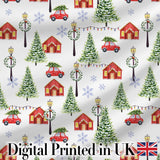 Watercolor Winter Village Houses Trees Cars Snow Seamless Pattern Digital Print Fabric by the Metre UK Sewing Quilting Textile