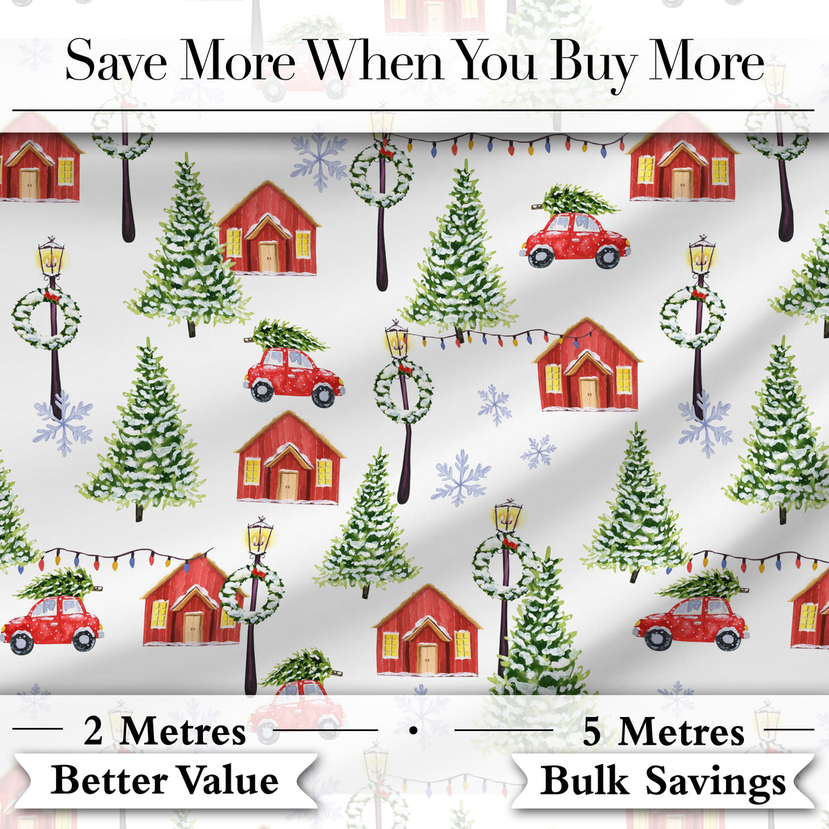 Watercolor Winter Village Houses Trees Cars Snow Seamless Pattern Digital Print Fabric by the Metre UK Sewing Quilting Textile