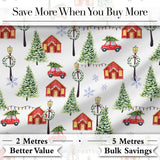 Watercolor Winter Village Houses Trees Cars Snow Seamless Pattern Digital Print Fabric by the Metre UK Sewing Quilting Textile