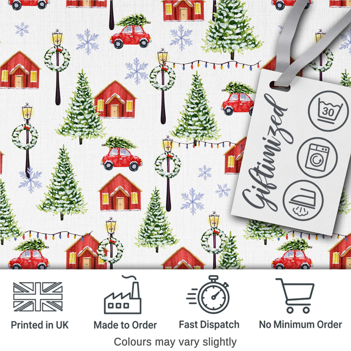 Watercolor Winter Village Houses Trees Cars Snow Seamless Pattern Digital Print Fabric by the Metre UK Sewing Quilting Textile