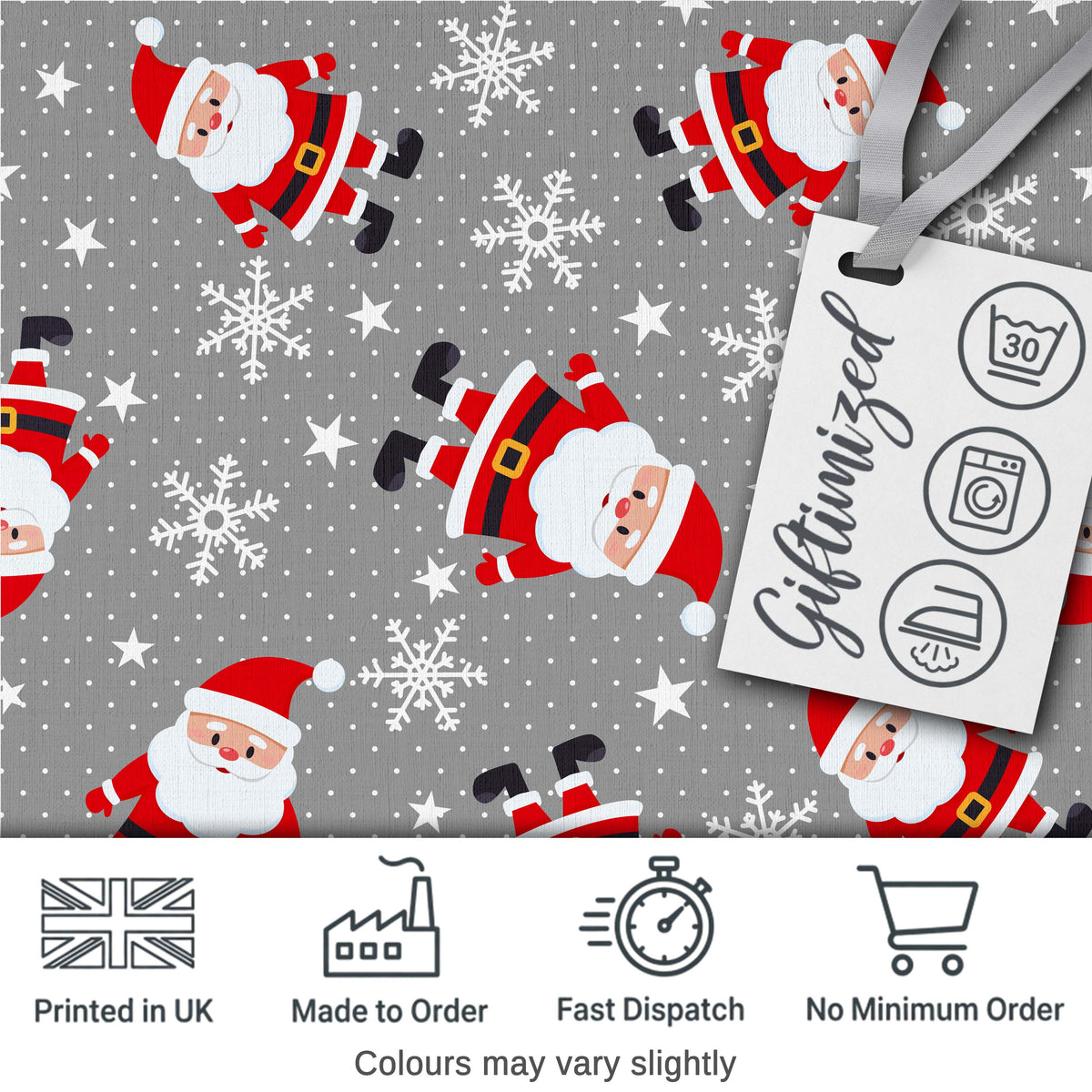 Cute Santa Claus Snowflakes Grey Background Seamless Pattern Digital Print Fabric by the Metre UK Sewing Quilting Textile