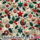 Festive Christmas Stars Ornaments Holly Leaves Seamless Pattern Digital Print Fabric by the Metre UK Sewing Quilting Textile