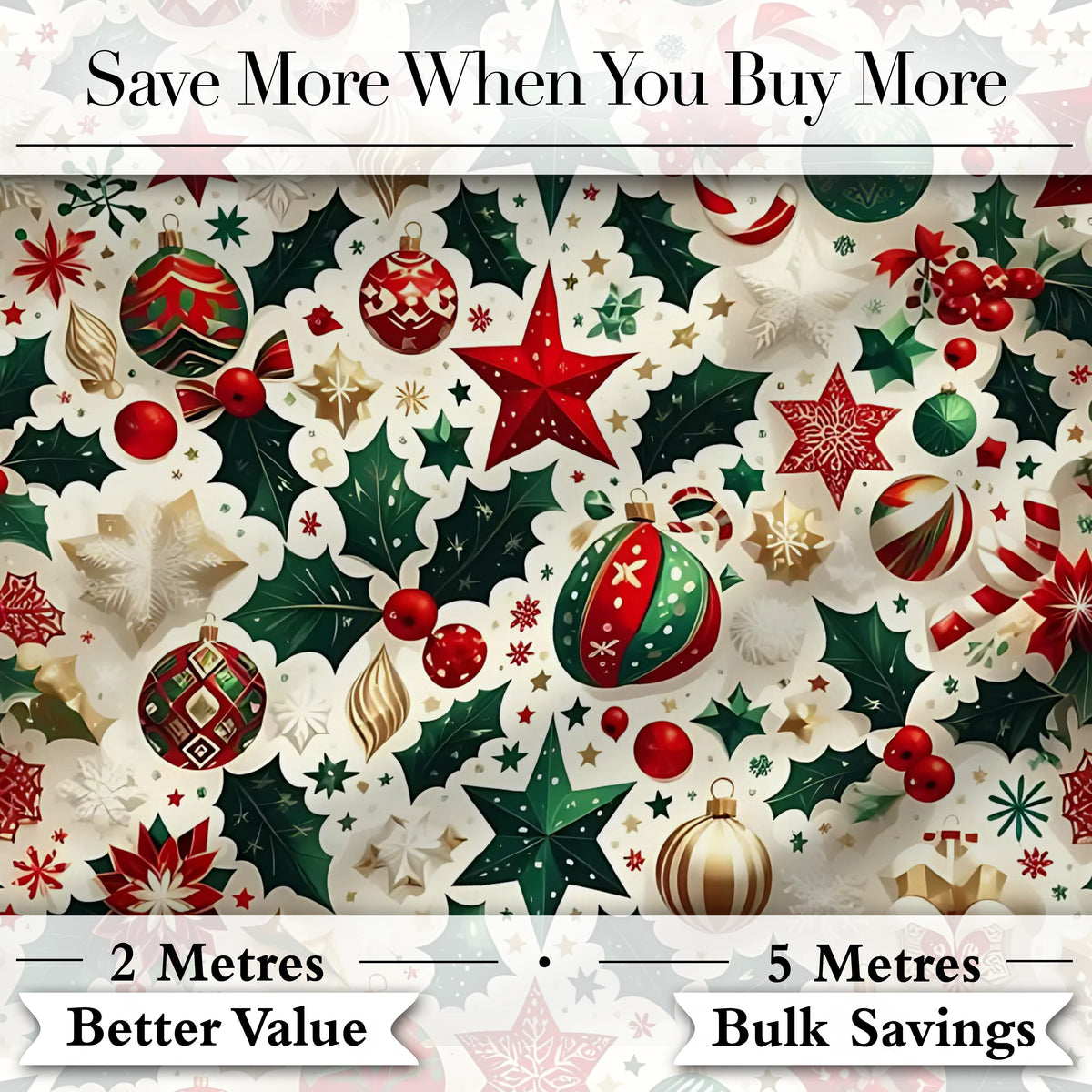 Festive Christmas Stars Ornaments Holly Leaves Seamless Pattern Digital Print Fabric by the Metre UK Sewing Quilting Textile