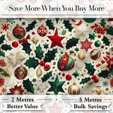 Festive Christmas Stars Ornaments Holly Leaves Seamless Pattern Digital Print Fabric by the Metre UK Sewing Quilting Textile