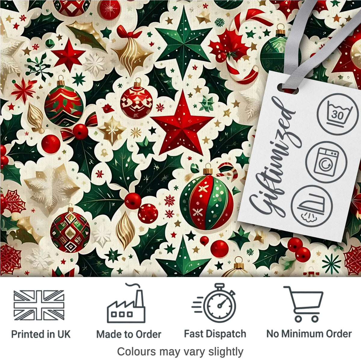 Festive Christmas Stars Ornaments Holly Leaves Seamless Pattern Digital Print Fabric by the Metre UK Sewing Quilting Textile