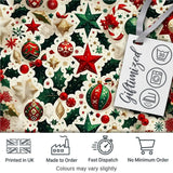 Festive Christmas Stars Ornaments Holly Leaves Seamless Pattern Digital Print Fabric by the Metre UK Sewing Quilting Textile