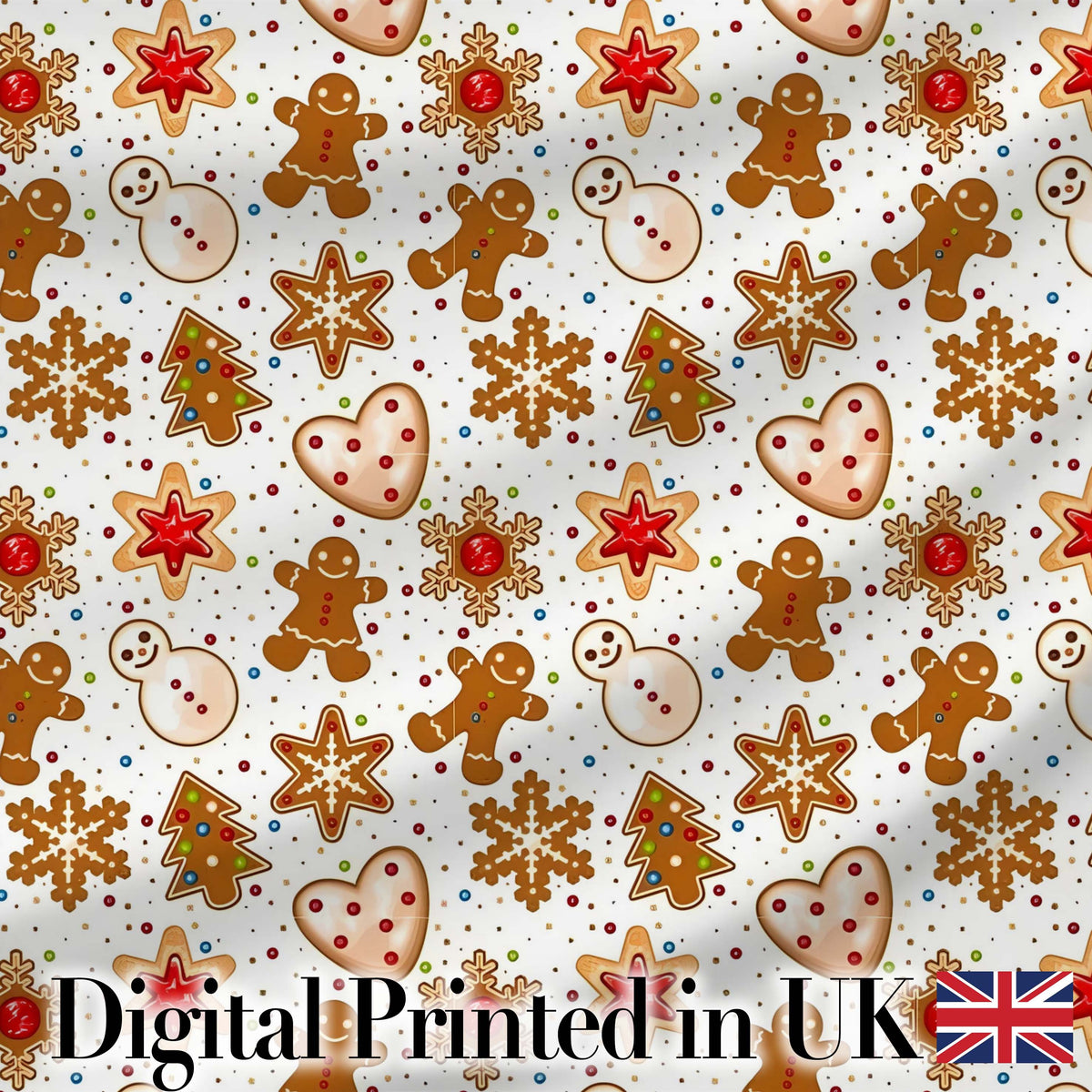 Cute Gingerbread Cookies Stars Hearts Snowflakes Seamless Pattern Digital Print Fabric by the Metre UK Sewing Quilting Textile