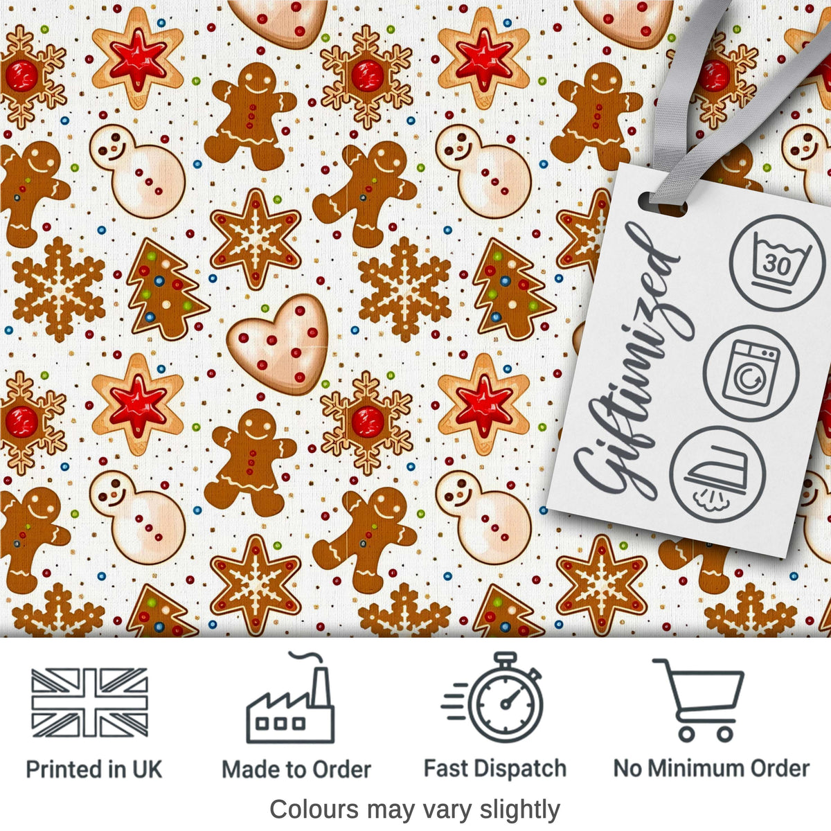 Cute Gingerbread Cookies Stars Hearts Snowflakes Seamless Pattern Digital Print Fabric by the Metre UK Sewing Quilting Textile