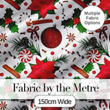 Festive Poinsettia Holly Candy Cane Cinnamon Seamless Pattern Digital Print Fabric by the Metre UK Sewing Quilting Textile