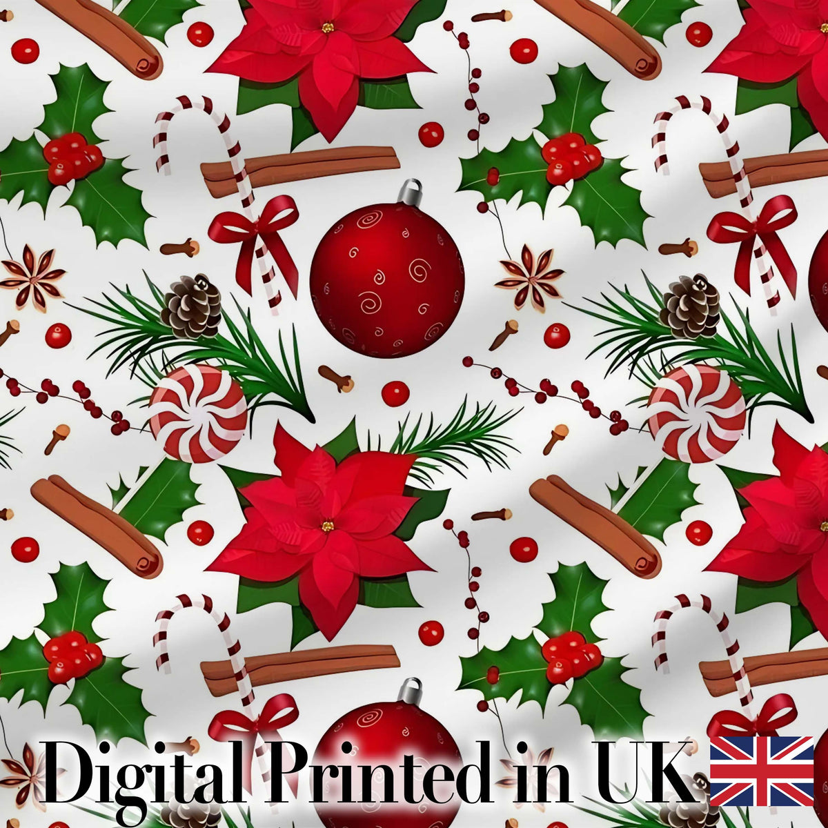 Festive Poinsettia Holly Candy Cane Cinnamon Seamless Pattern Digital Print Fabric by the Metre UK Sewing Quilting Textile
