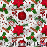 Festive Poinsettia Holly Candy Cane Cinnamon Seamless Pattern Digital Print Fabric by the Metre UK Sewing Quilting Textile