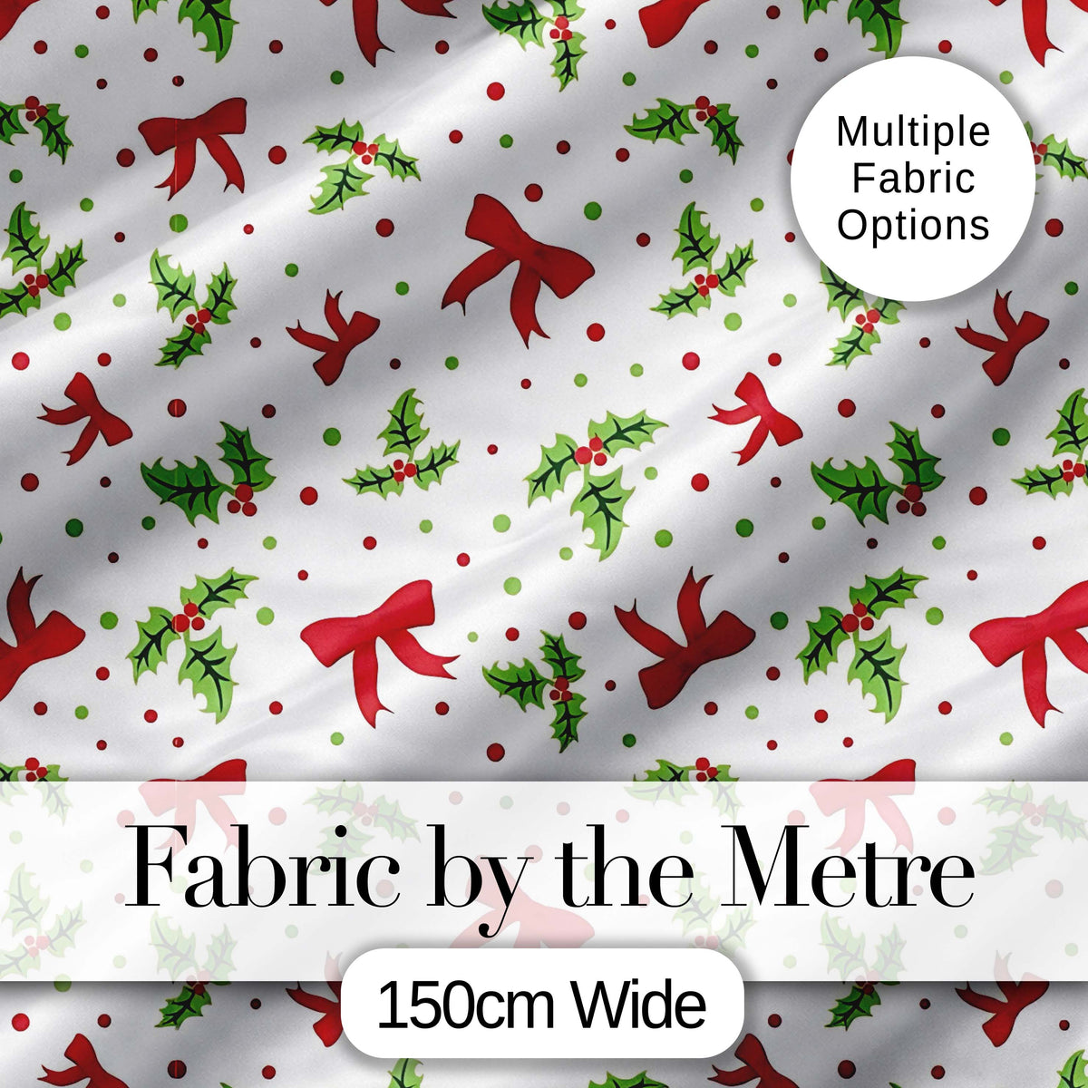 Christmas Holly Leaves Red Bows Polka Dots Seamless Pattern Digital Print Fabric by the Metre UK Sewing Quilting Textile