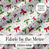 Christmas Holly Leaves Red Bows Polka Dots Seamless Pattern Digital Print Fabric by the Metre UK Sewing Quilting Textile