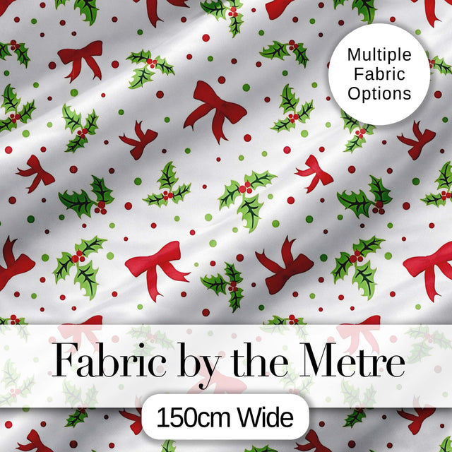 Christmas Holly Leaves Red Bows Polka Dots Seamless Pattern Digital Print Fabric by the Metre UK Sewing Quilting Textile