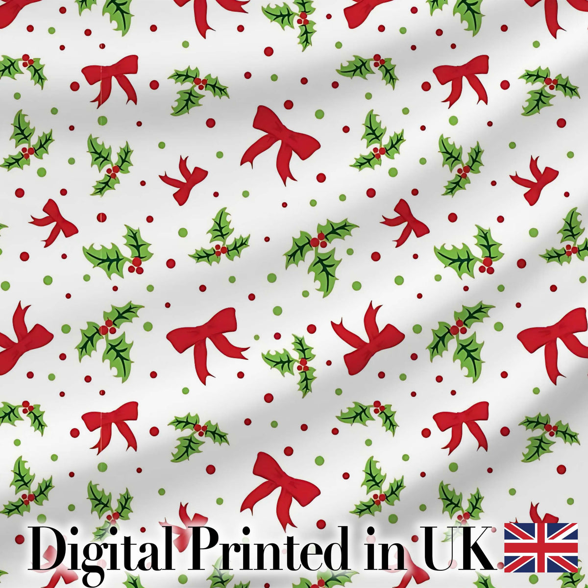 Christmas Holly Leaves Red Bows Polka Dots Seamless Pattern Digital Print Fabric by the Metre UK Sewing Quilting Textile