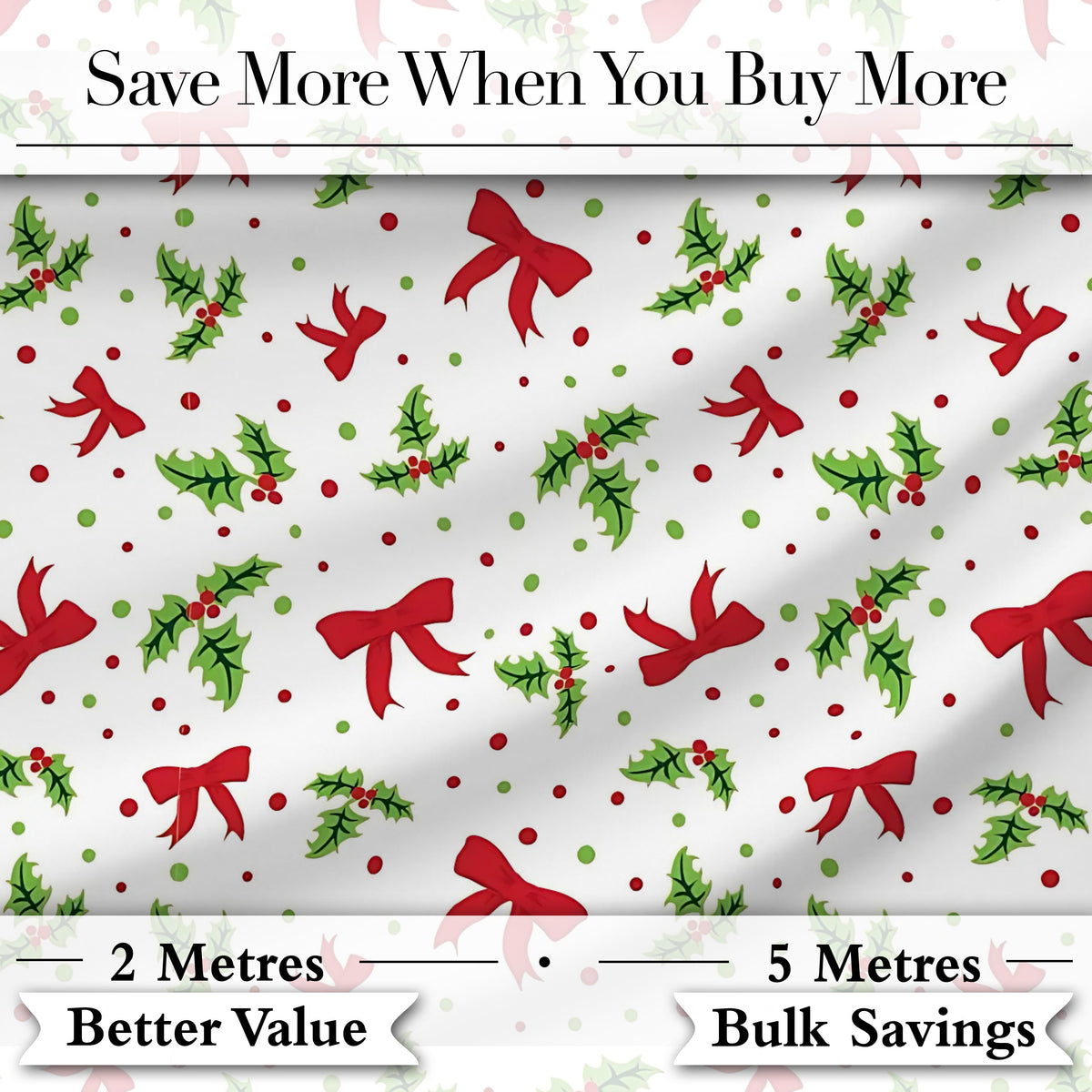 Christmas Holly Leaves Red Bows Polka Dots Seamless Pattern Digital Print Fabric by the Metre UK Sewing Quilting Textile