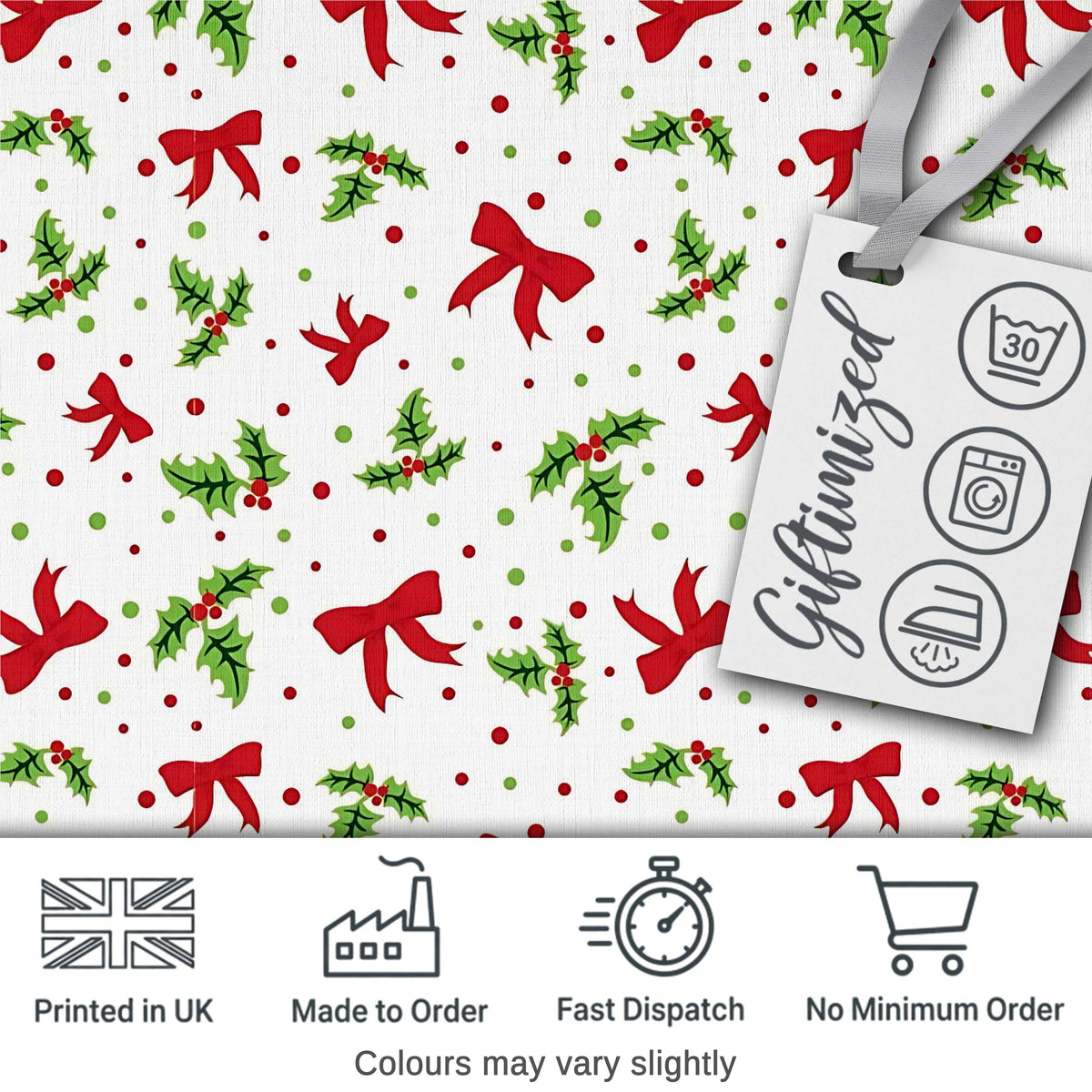 Christmas Holly Leaves Red Bows Polka Dots Seamless Pattern Digital Print Fabric by the Metre UK Sewing Quilting Textile