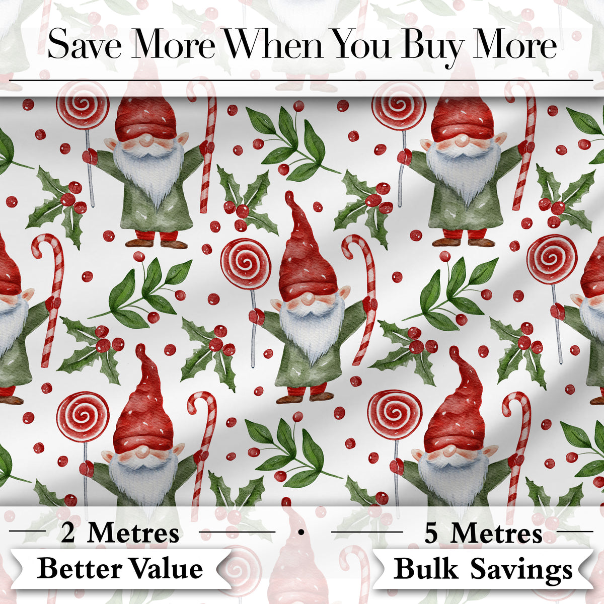 Watercolor Christmas Gnome Candy Cane Lollipop Seamless Pattern Digital Print Fabric by the Metre UK Sewing Quilting Textile