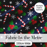 Christmas Candy Cane Holly Snowflakes Dark Seamless Pattern Digital Print Fabric by the Metre UK Sewing Quilting Textile