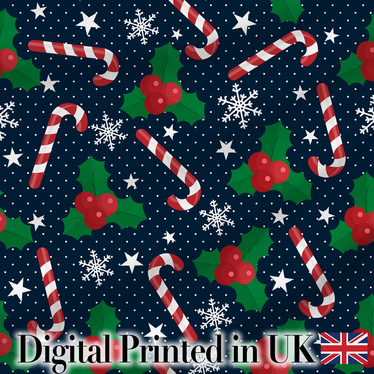Christmas Candy Cane Holly Snowflakes Dark Seamless Pattern Digital Print Fabric by the Metre UK Sewing Quilting Textile