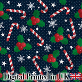 Christmas Candy Cane Holly Snowflakes Dark Seamless Pattern Digital Print Fabric by the Metre UK Sewing Quilting Textile