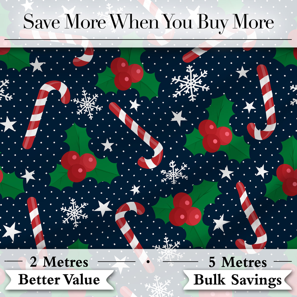 Christmas Candy Cane Holly Snowflakes Dark Seamless Pattern Digital Print Fabric by the Metre UK Sewing Quilting Textile