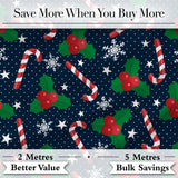 Christmas Candy Cane Holly Snowflakes Dark Seamless Pattern Digital Print Fabric by the Metre UK Sewing Quilting Textile