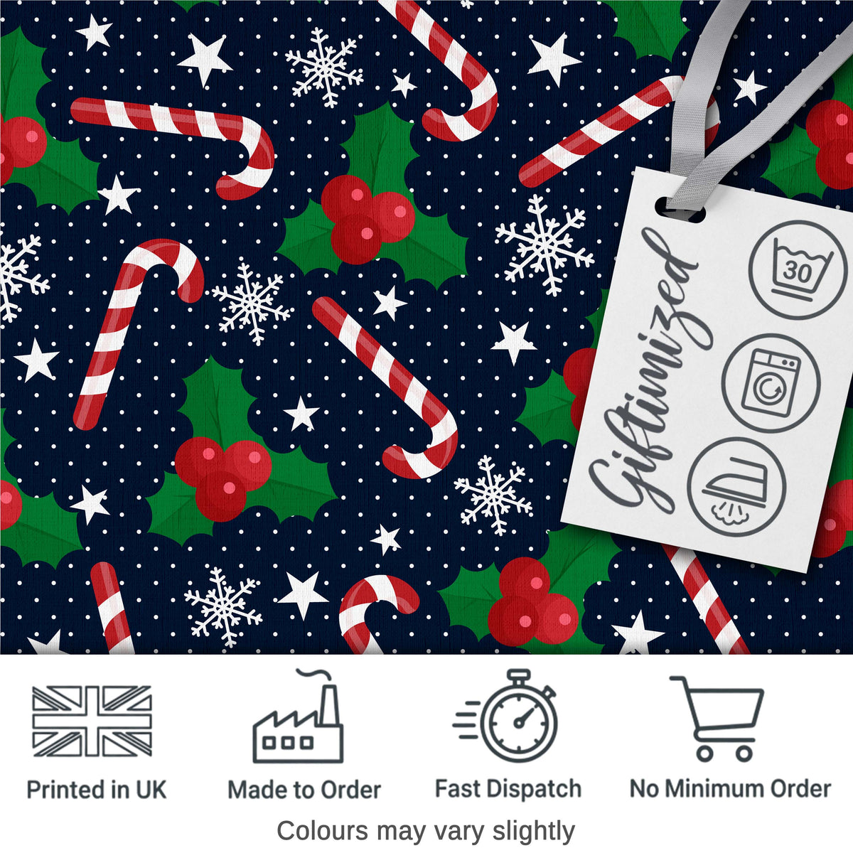 Christmas Candy Cane Holly Snowflakes Dark Seamless Pattern Digital Print Fabric by the Metre UK Sewing Quilting Textile