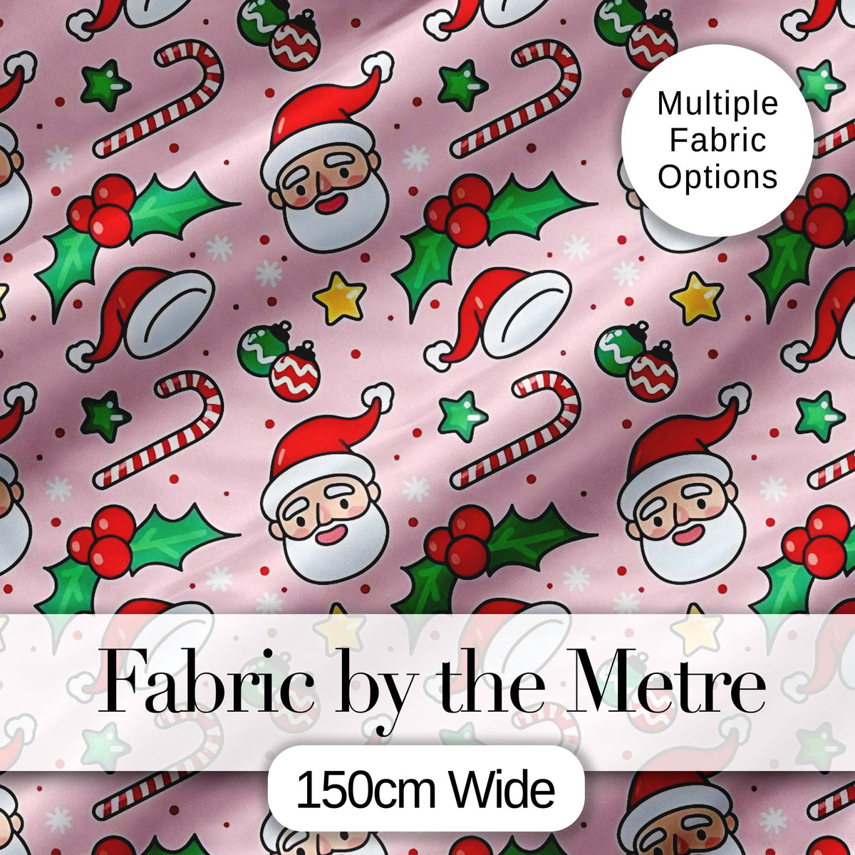 Cute Santa Face Hats Candy Cane Pink Seamless Pattern Digital Print Fabric by the Metre UK Sewing Quilting Textile