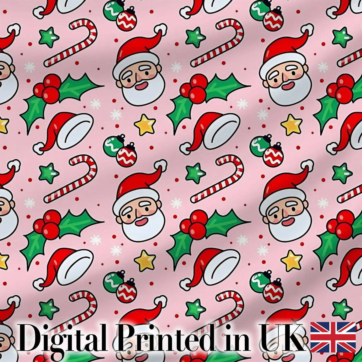 Cute Santa Face Hats Candy Cane Pink Seamless Pattern Digital Print Fabric by the Metre UK Sewing Quilting Textile