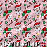 Cute Santa Face Hats Candy Cane Pink Seamless Pattern Digital Print Fabric by the Metre UK Sewing Quilting Textile