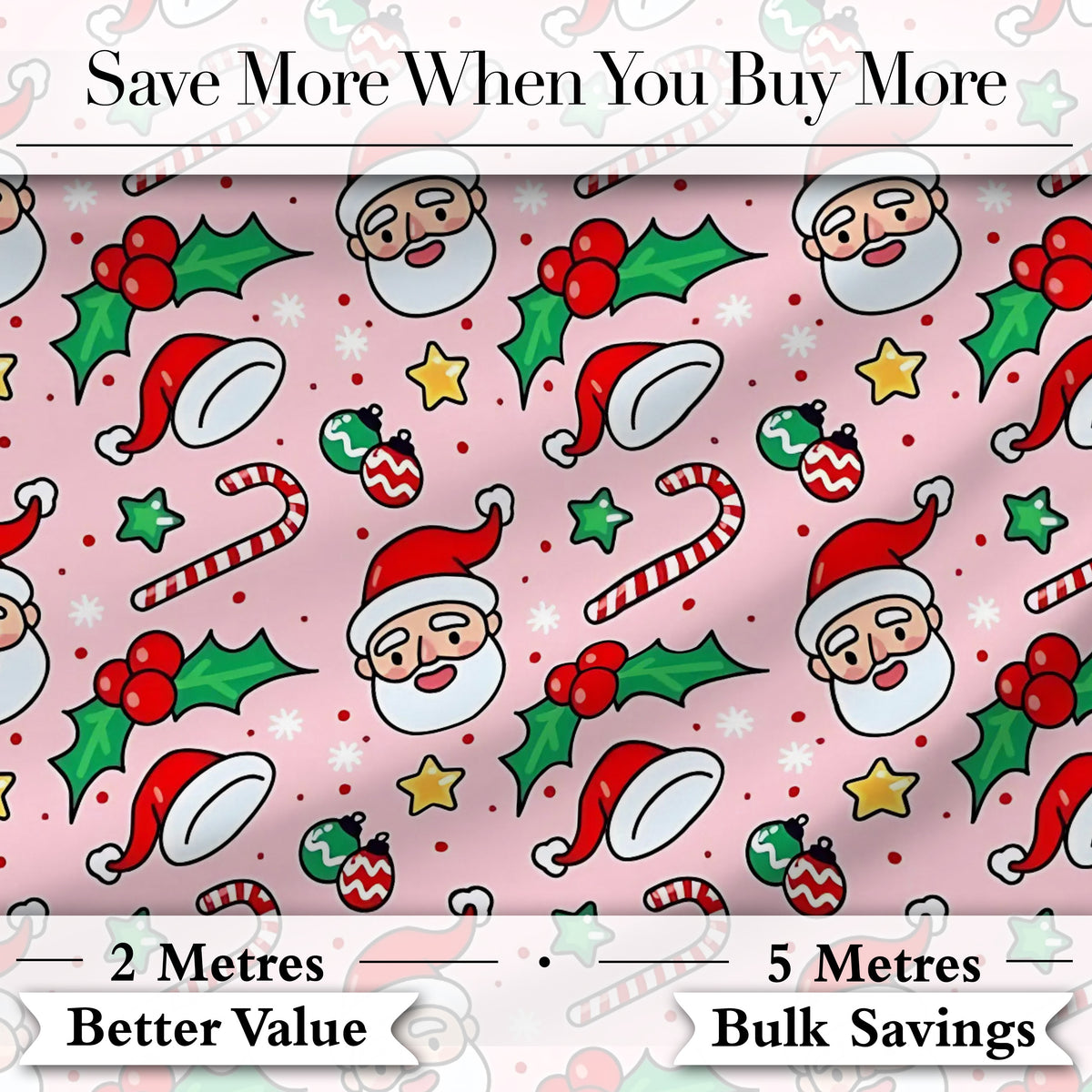 Cute Santa Face Hats Candy Cane Pink Seamless Pattern Digital Print Fabric by the Metre UK Sewing Quilting Textile