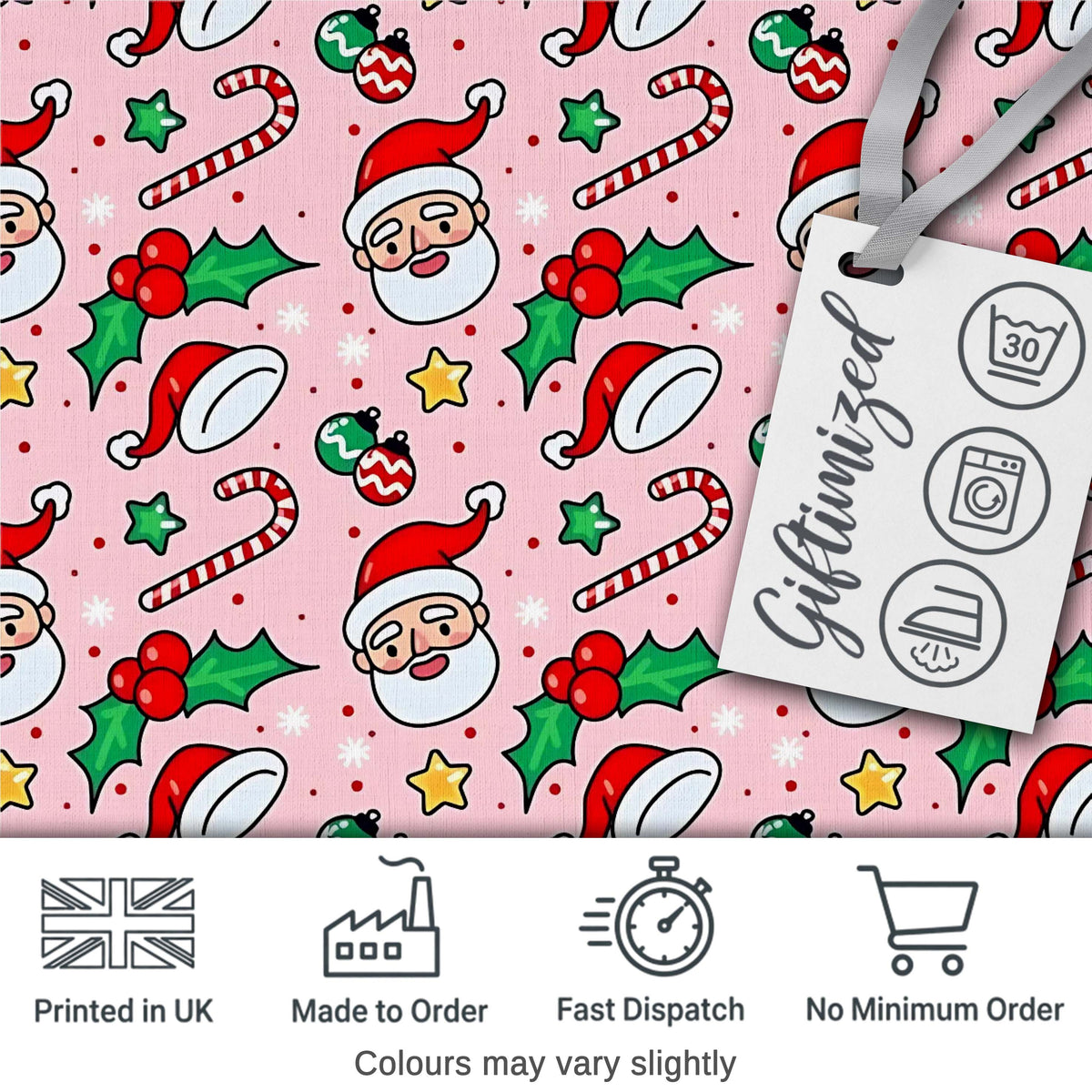 Cute Santa Face Hats Candy Cane Pink Seamless Pattern Digital Print Fabric by the Metre UK Sewing Quilting Textile