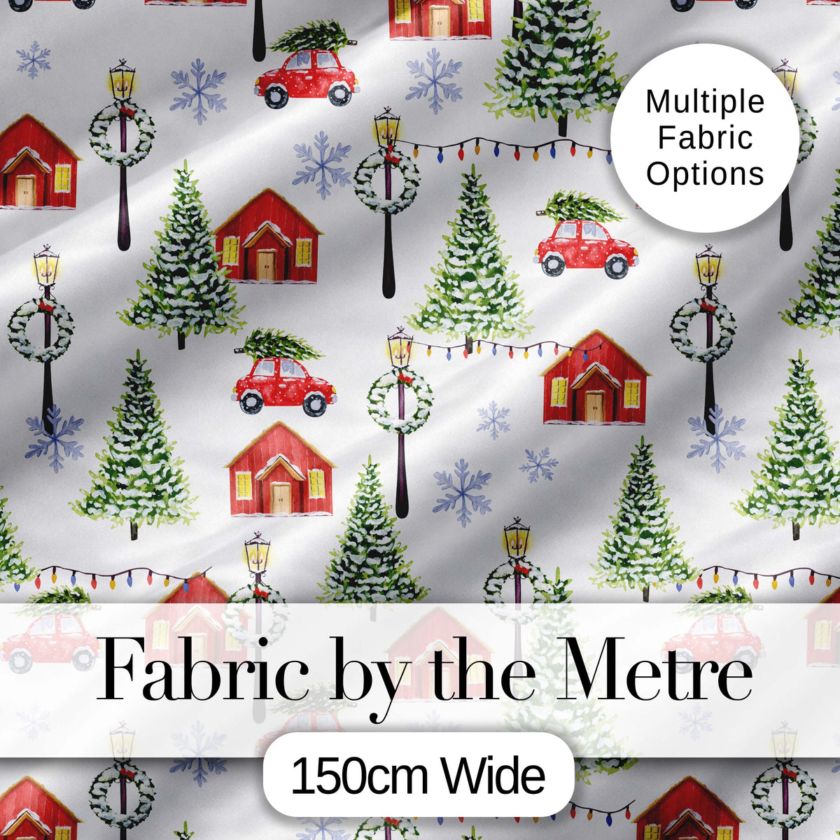 Watercolor Christmas Village Trees Cars Snow Scene Seamless Pattern Digital Print Fabric by the Metre UK Sewing Quilting Textile