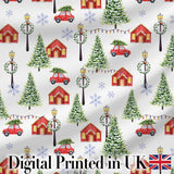 Watercolor Christmas Village Trees Cars Snow Scene Seamless Pattern Digital Print Fabric by the Metre UK Sewing Quilting Textile