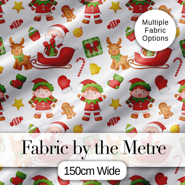 Cute Santa Reindeer Elf Characters Seamless Pattern Digital Print Fabric by the Metre UK Sewing Quilting Textile