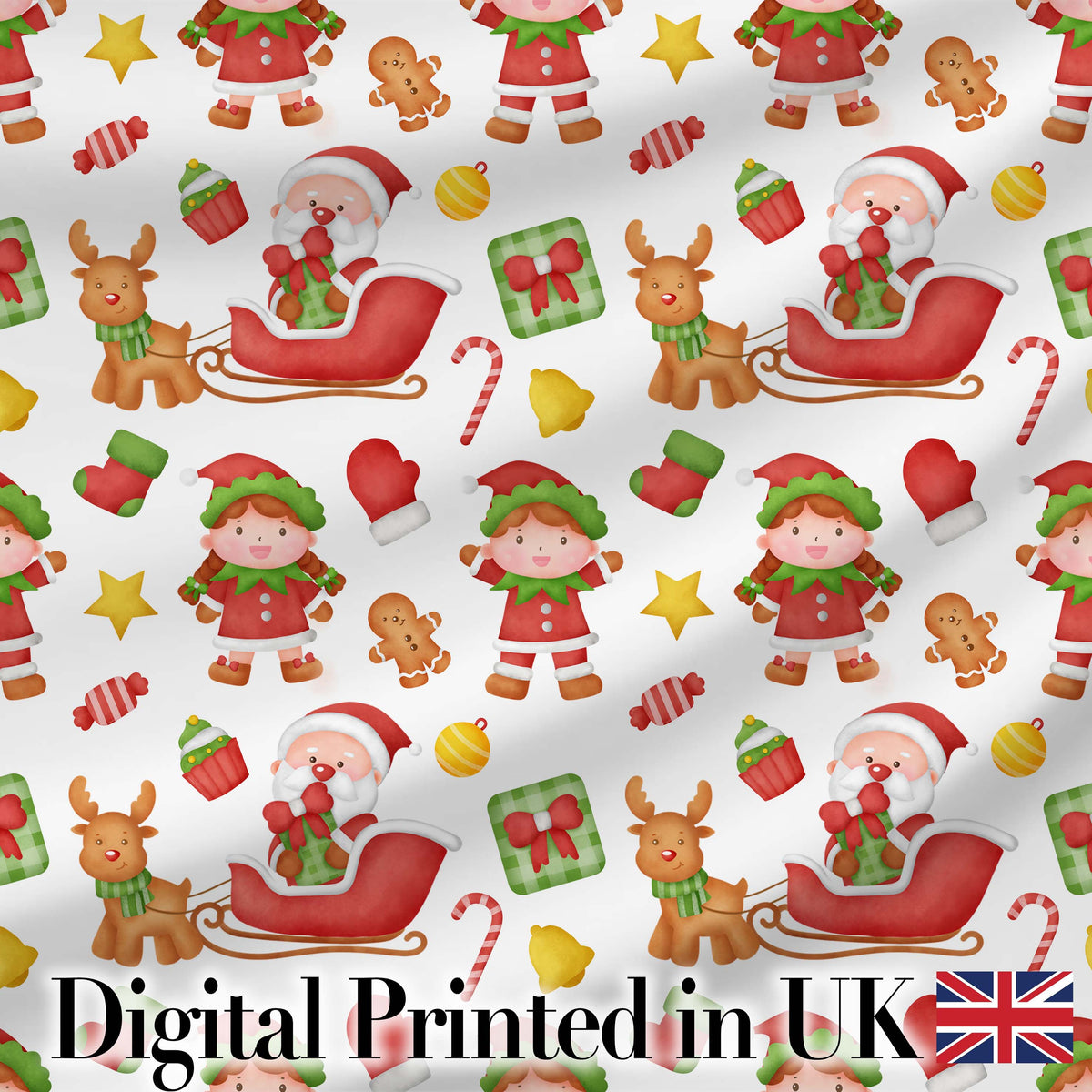 Cute Santa Reindeer Elf Characters Seamless Pattern Digital Print Fabric by the Metre UK Sewing Quilting Textile