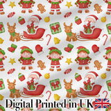 Cute Santa Reindeer Elf Characters Seamless Pattern Digital Print Fabric by the Metre UK Sewing Quilting Textile