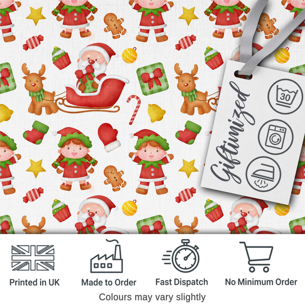 Cute Santa Reindeer Elf Characters Seamless Pattern Digital Print Fabric by the Metre UK Sewing Quilting Textile
