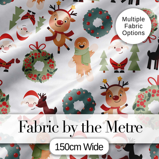 Cute Santa Reindeer Gingerbread Wreath Seamless Pattern Digital Print Fabric by the Metre UK Sewing Quilting Textile