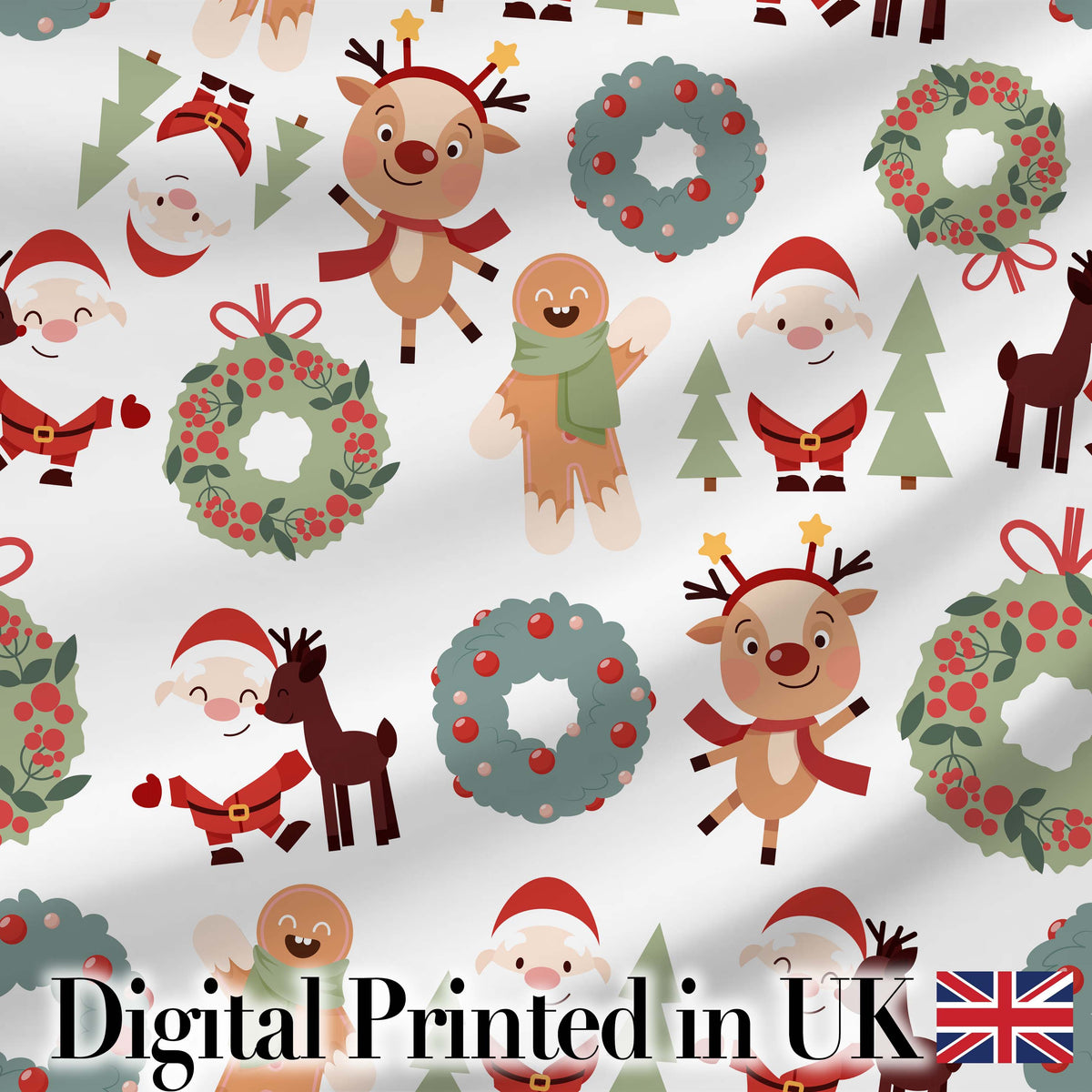 Cute Santa Reindeer Gingerbread Wreath Seamless Pattern Digital Print Fabric by the Metre UK Sewing Quilting Textile